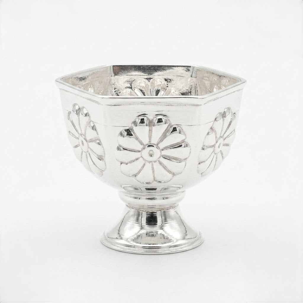 Hexagonal Silver Pedestal Bowl with Floral Engraving