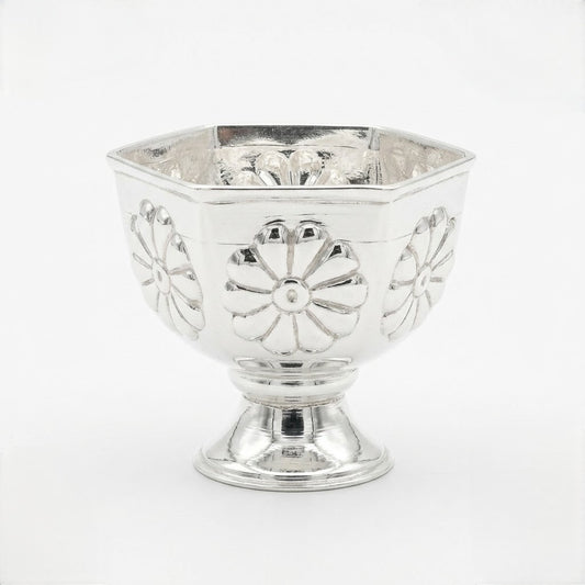 Hexagonal Silver Pedestal Bowl with Floral Engraving