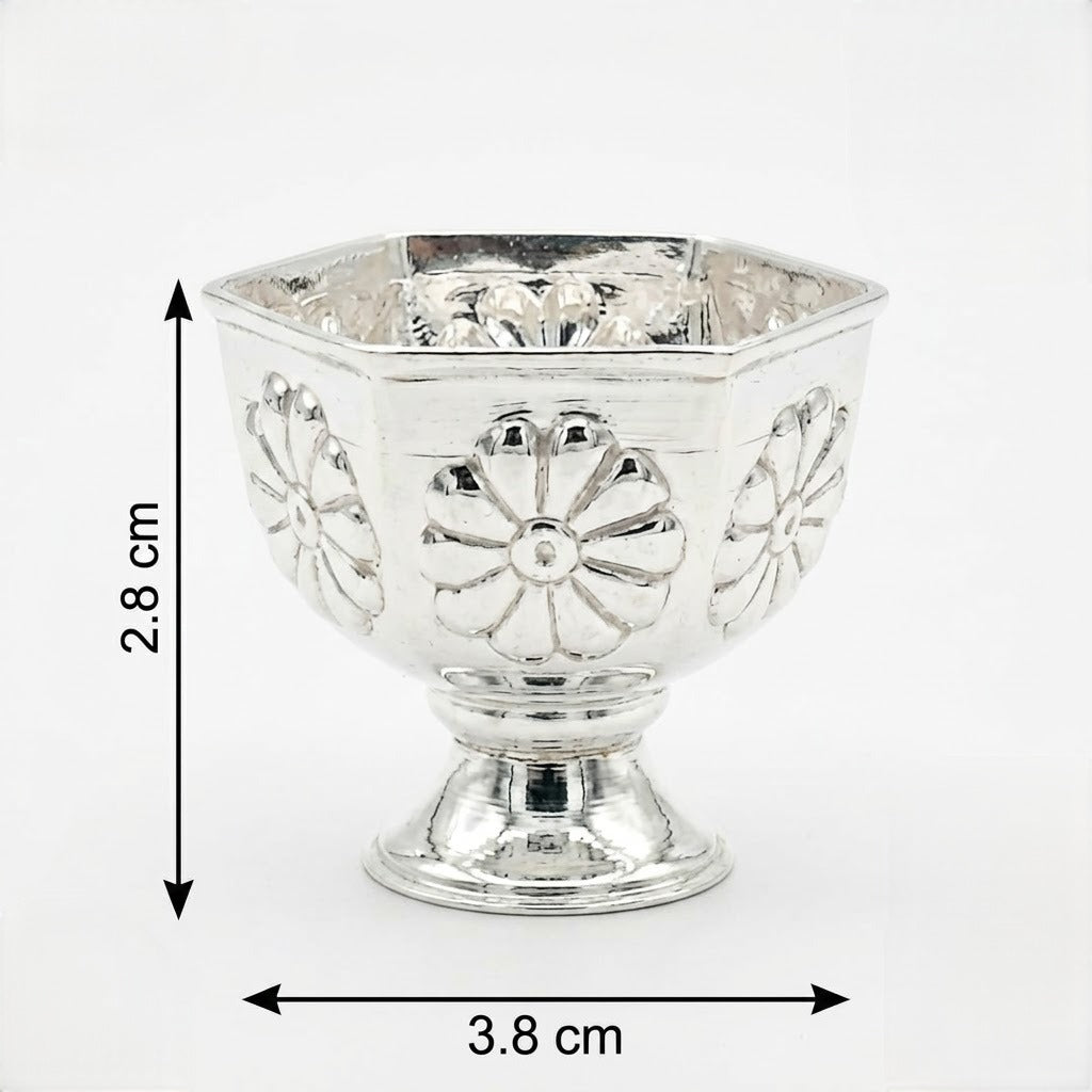 Hexagonal Silver Pedestal Bowl with Floral Engraving