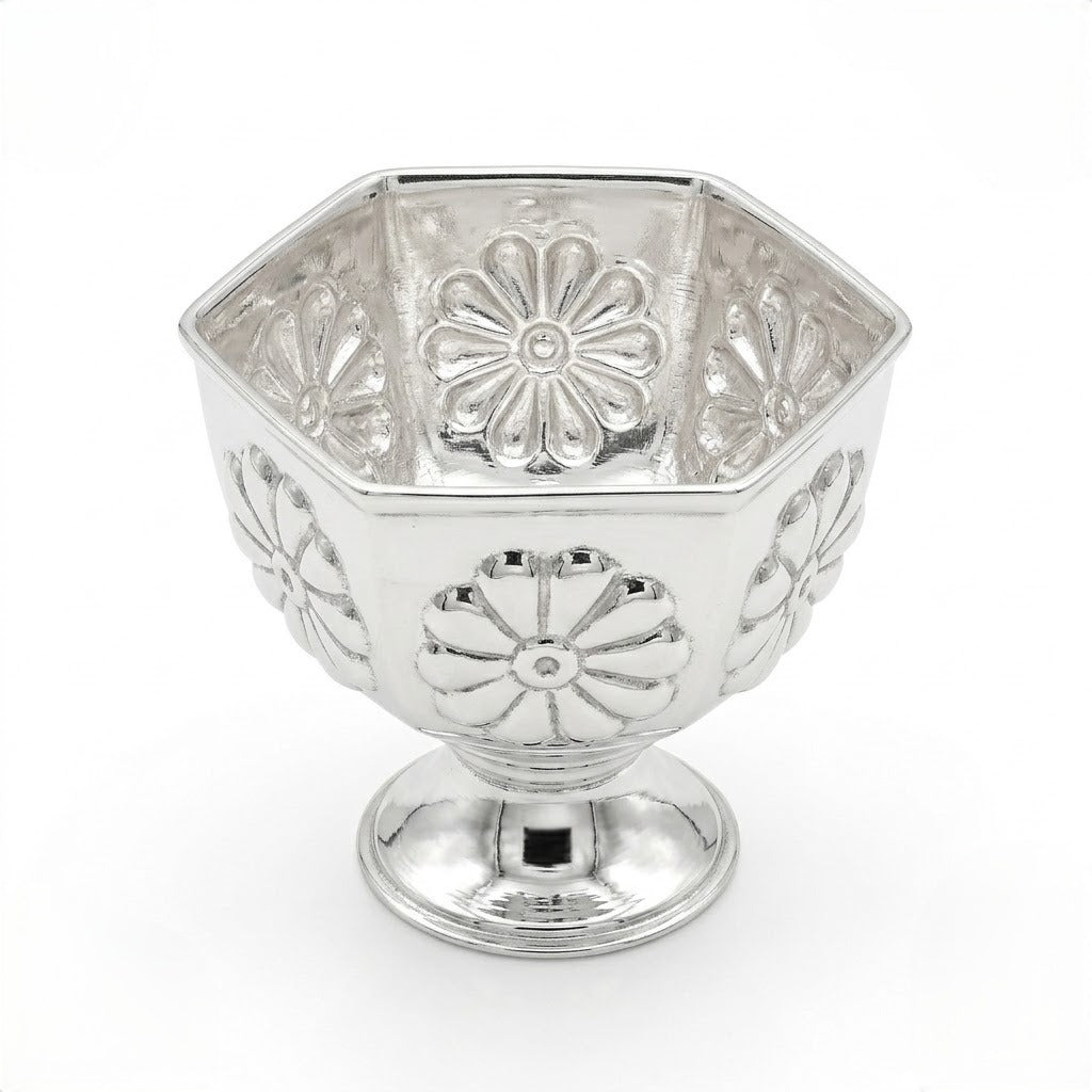 Hexagonal Silver Pedestal Bowl with Floral Engraving