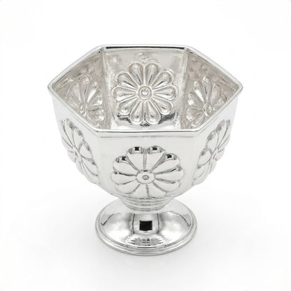 Hexagonal Silver Pedestal Bowl with Floral Engraving
