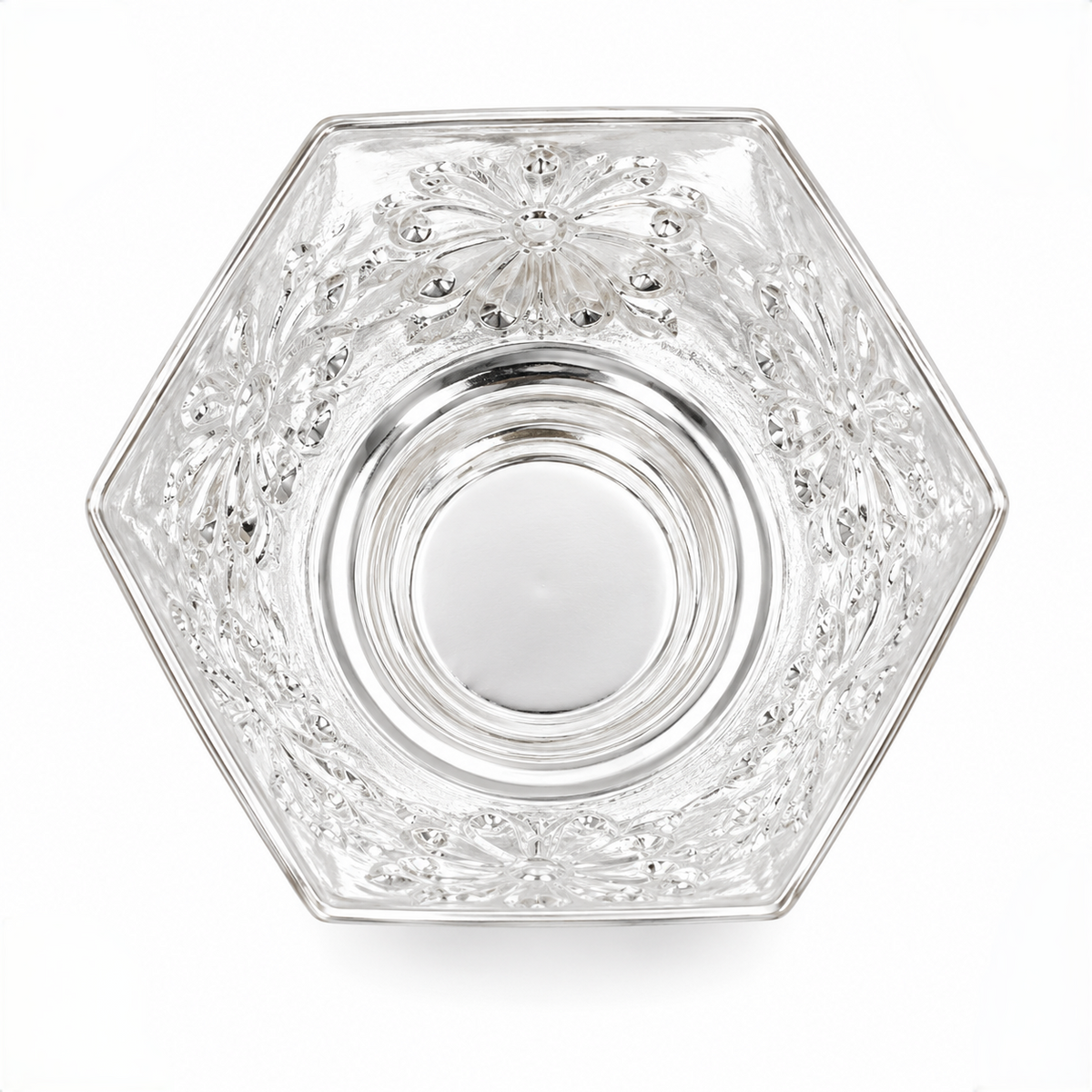 Hexagonal Silver Pedestal Bowl with Floral Engraving