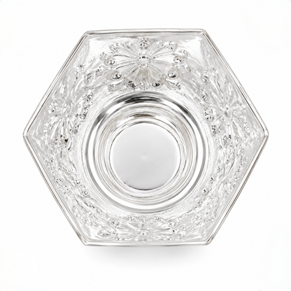 Hexagonal Silver Pedestal Bowl with Floral Engraving