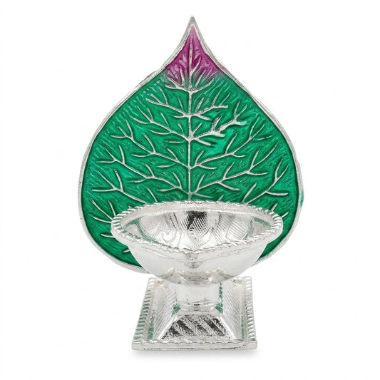 Peepal Leaf Silver Diya with Enamel Art
