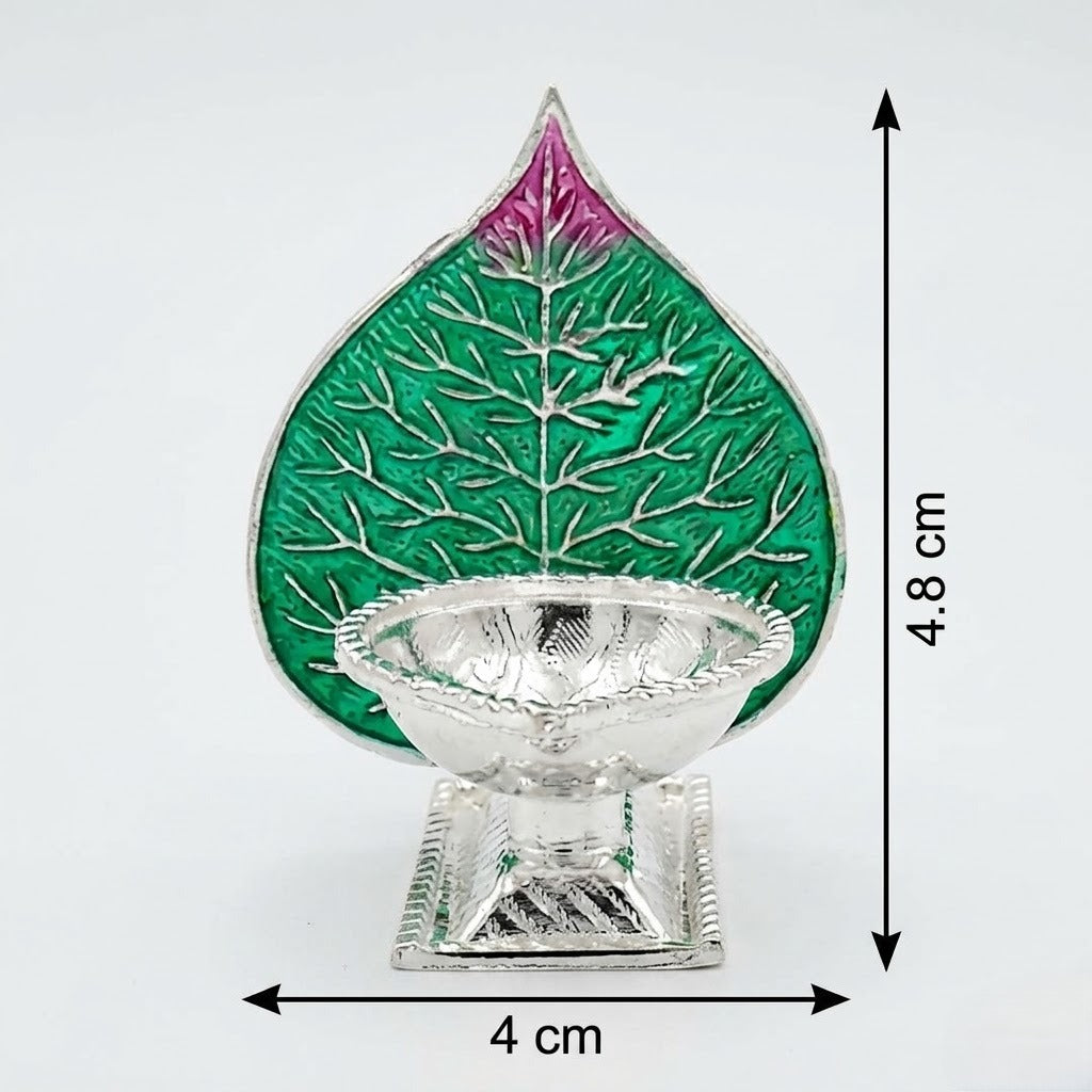 Peepal Leaf Silver Diya with Enamel Art