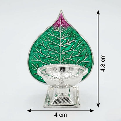 Peepal Leaf Silver Diya with Enamel Art