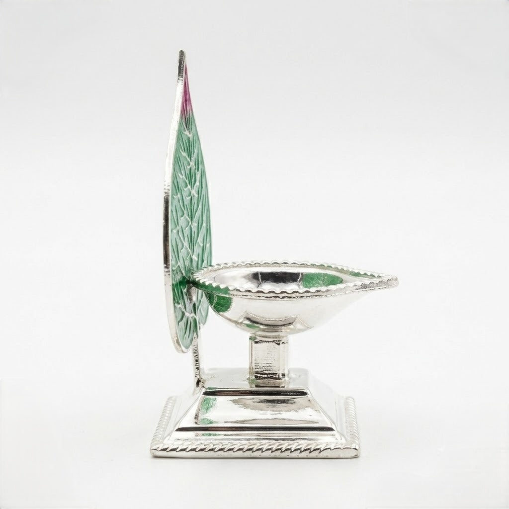 Peepal Leaf Silver Diya with Enamel Art