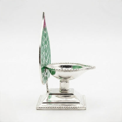 Peepal Leaf Silver Diya with Enamel Art