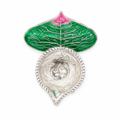 Peepal Leaf Silver Diya with Enamel Art