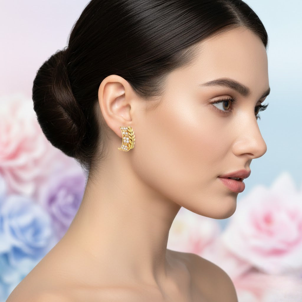 Leaf Crest Curve Diamond Gold Earrings