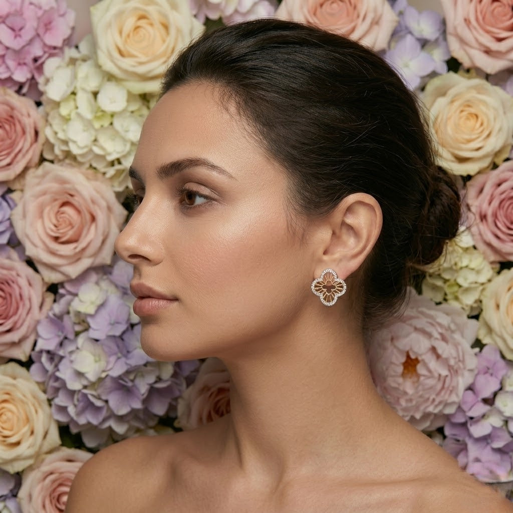 Elegant Petal Frame Diamond Gold Earrings