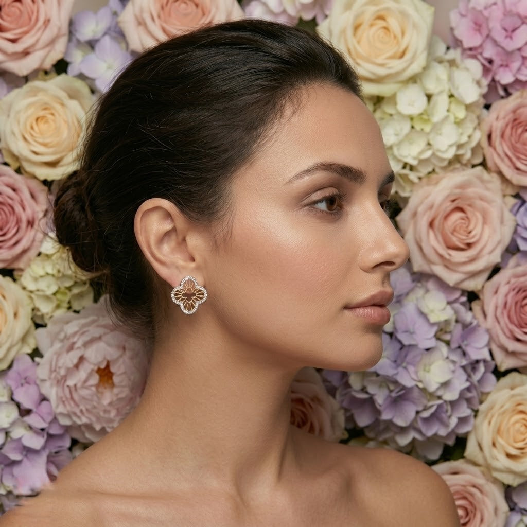 Elegant Petal Frame Diamond Gold Earrings