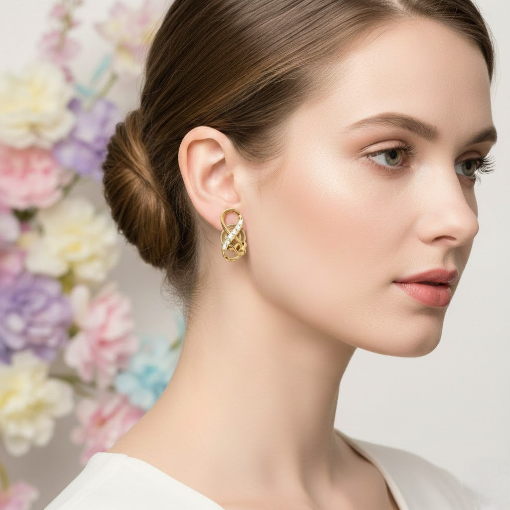 Twisted Infinity Loop Diamond Gold Earrings