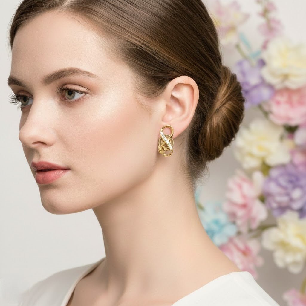 Twisted Infinity Loop Diamond Gold Earrings