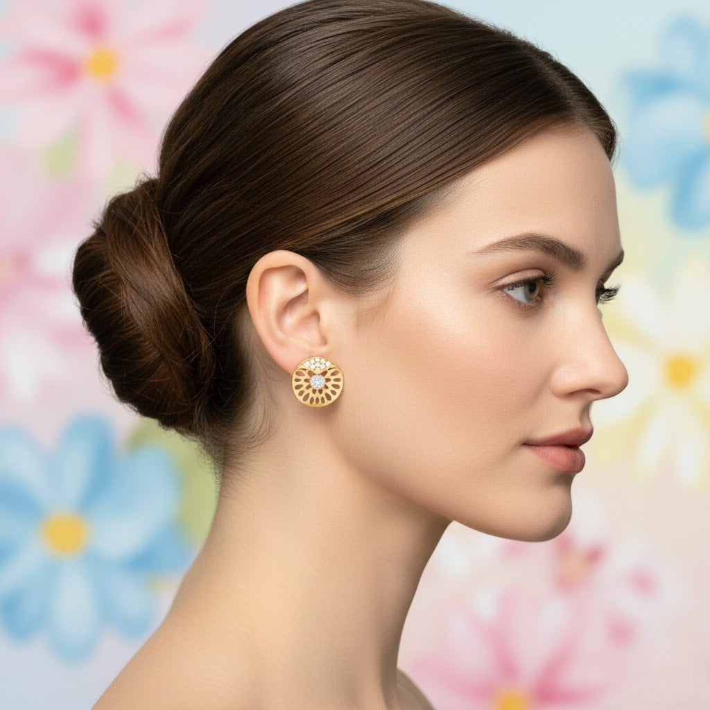 Floral Cutwork Circle Diamond Gold Earrings