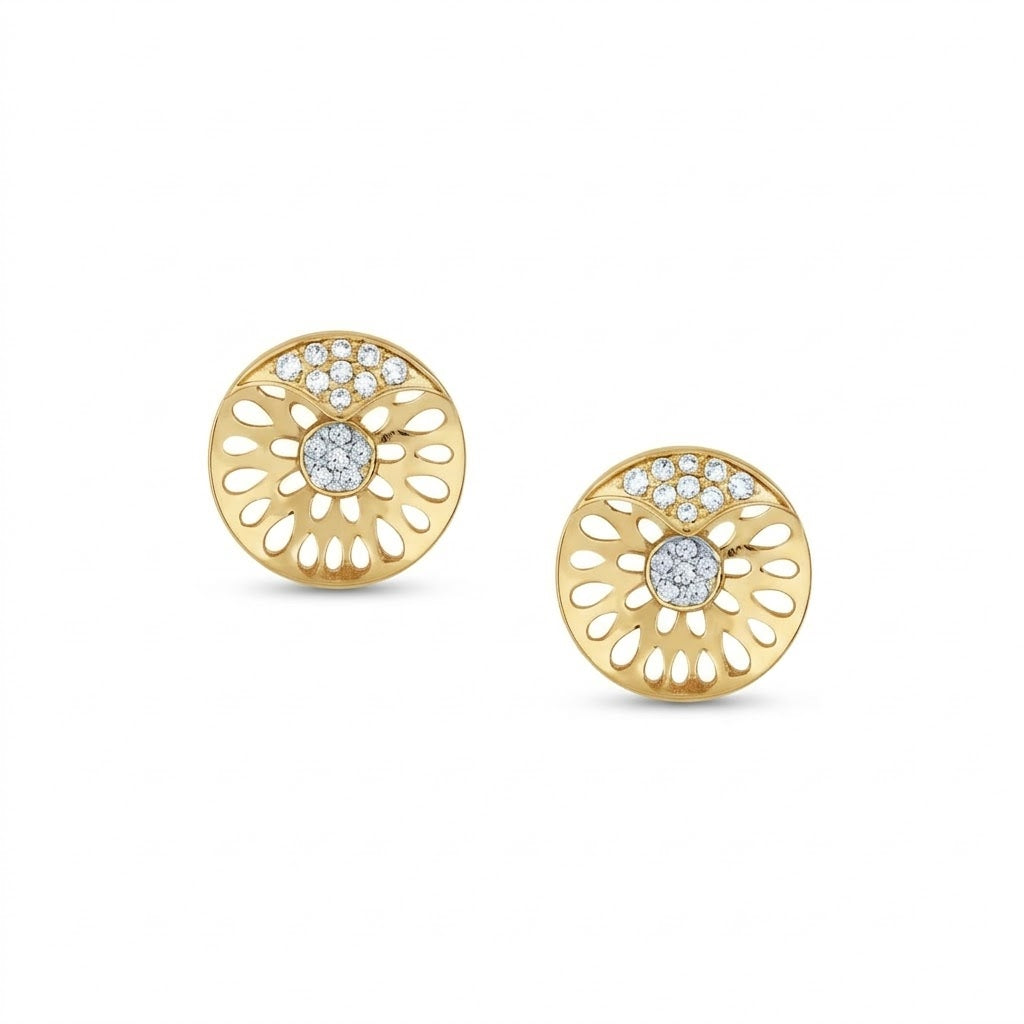 Floral Cutwork Circle Diamond Gold Earrings