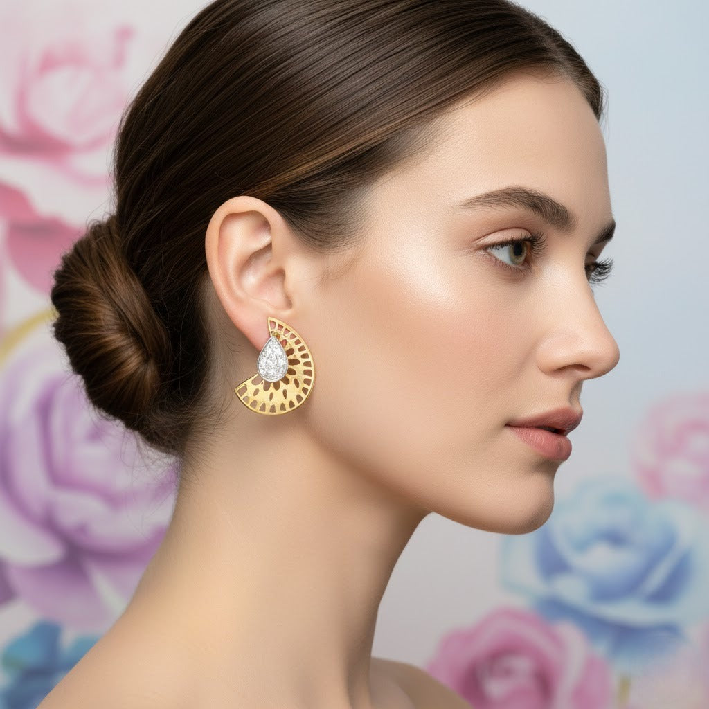 Teardrop Fan Motif Diamond Gold Earrings