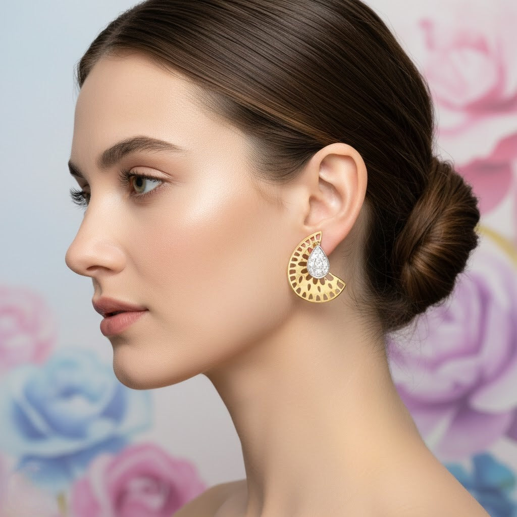 Teardrop Fan Motif Diamond Gold Earrings