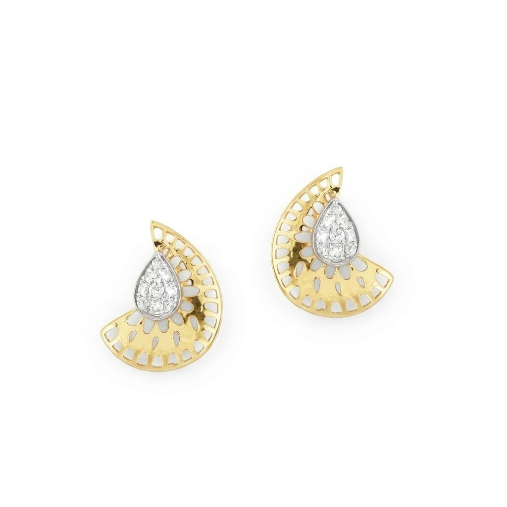 Teardrop Fan Motif Diamond Gold Earrings