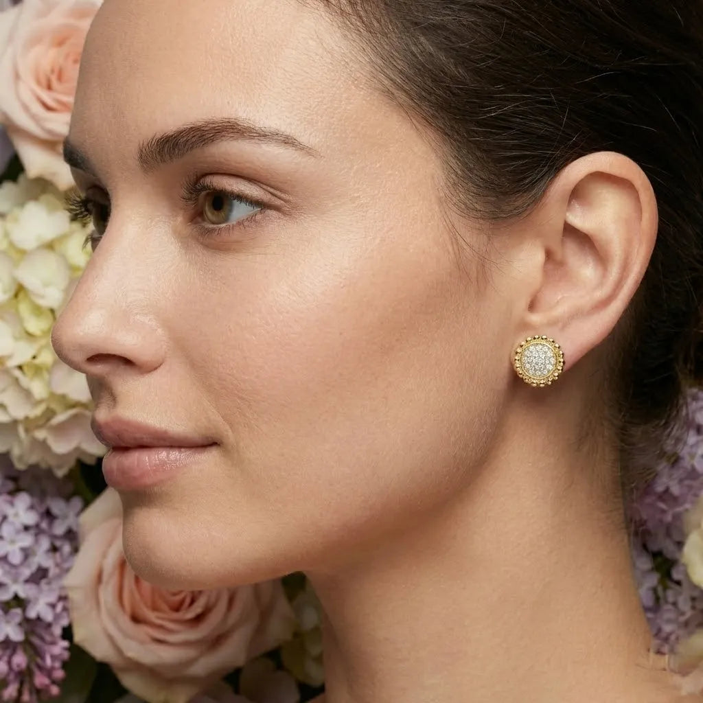 9K Yellow Gold Beaded Halo Diamond Earrings for Women by TTJ Jewellery