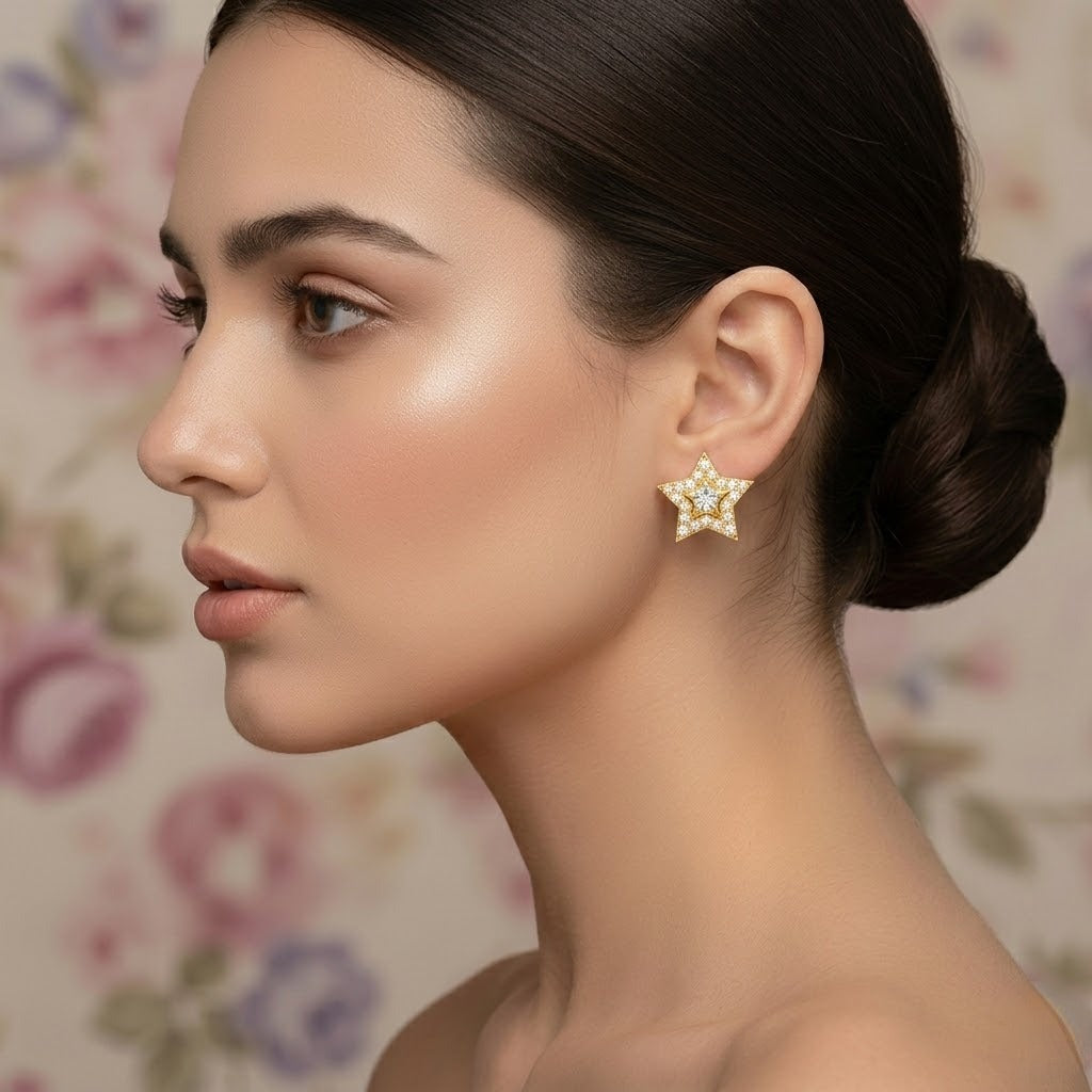 Gold Star White Diamond Stud Earring
