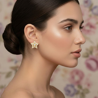 Gold Star White Diamond Stud Earring