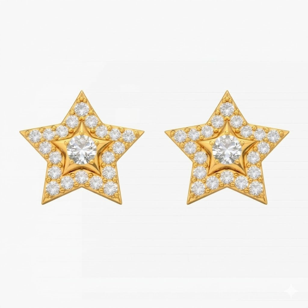 Gold Star White Diamond Stud Earring