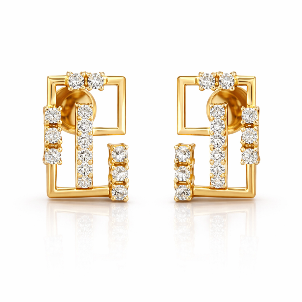 Interlinked Square Design Diamond Gold Earrings