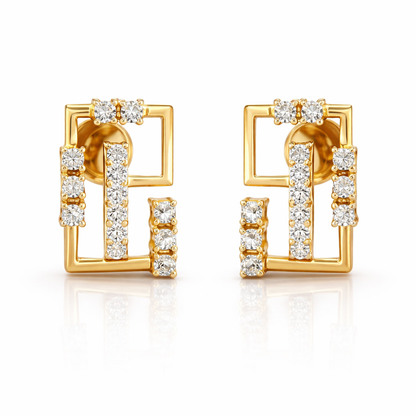 Interlinked Square Design Diamond Gold Earrings