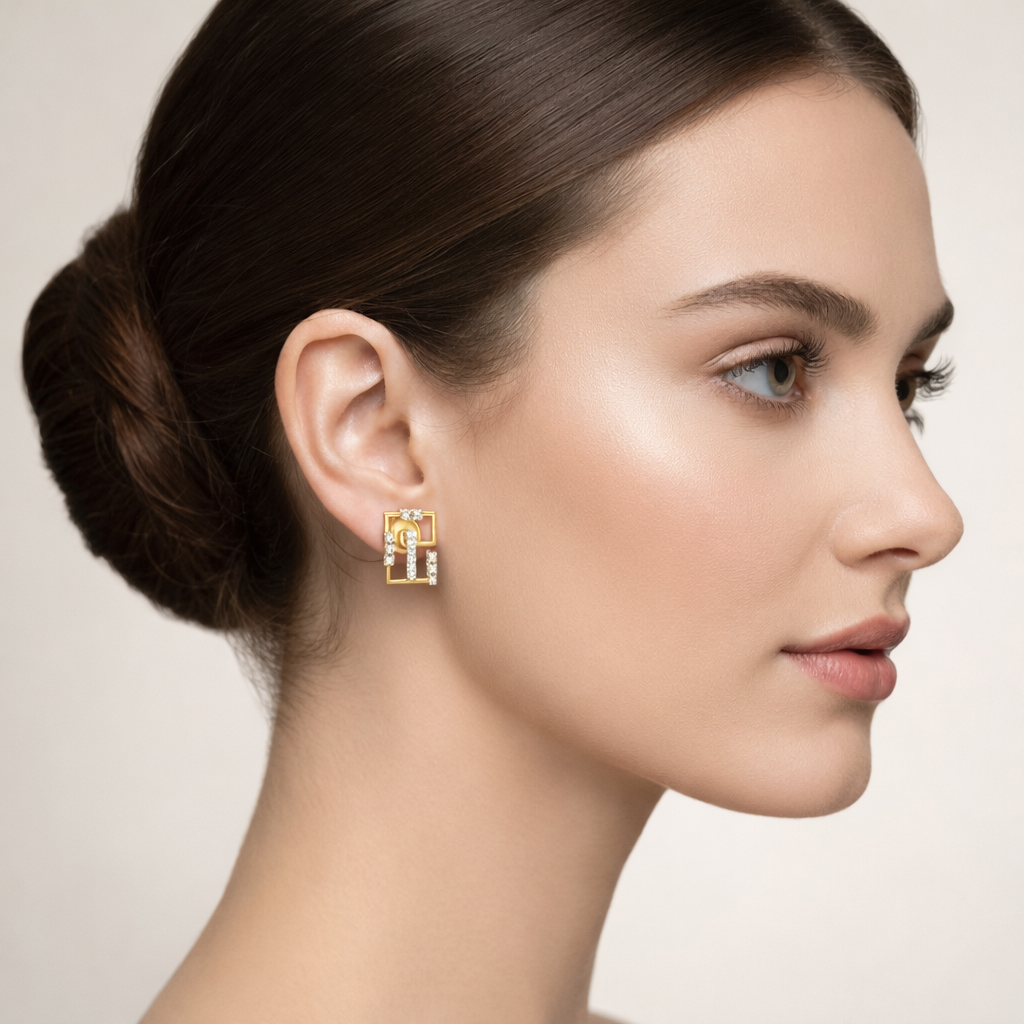 Interlinked Square Design Diamond Gold Earrings