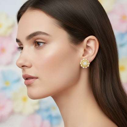Vintage Inspired Floral Halo Diamond Gold Earrings