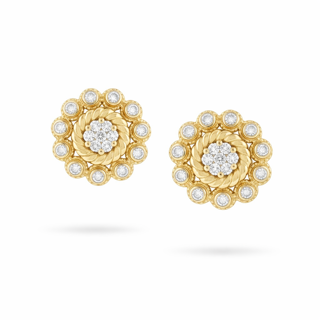 Vintage Inspired Floral Halo Diamond Gold Earrings