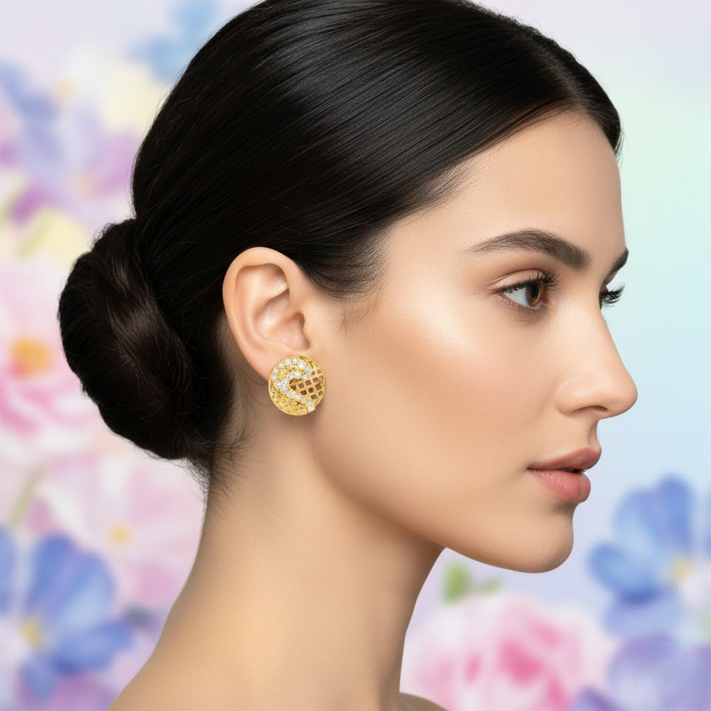 Curved Mosaic Circle Diamond Gold Earrings
