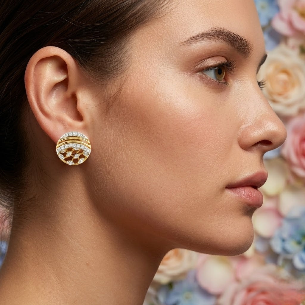 Modern Textured Circle Diamond Gold Earrings