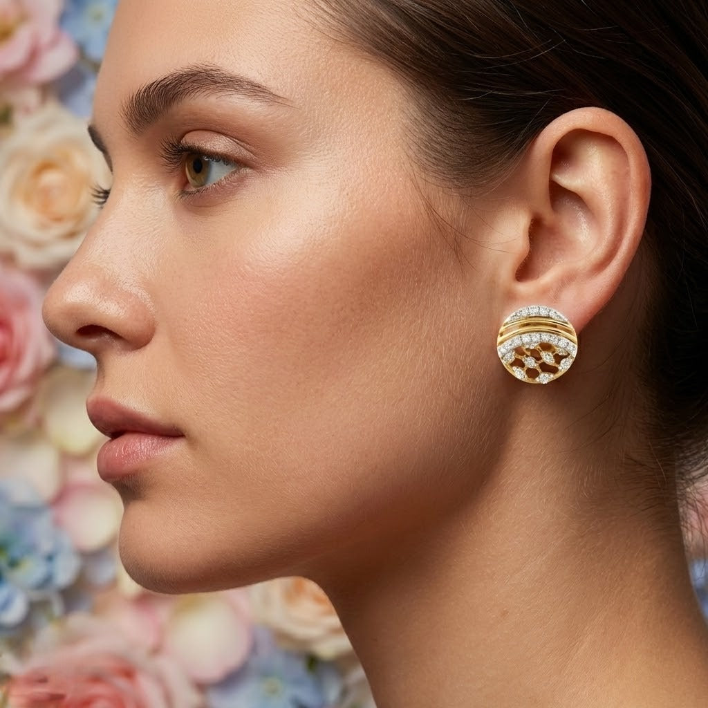 Modern Textured Circle Diamond Gold Earrings