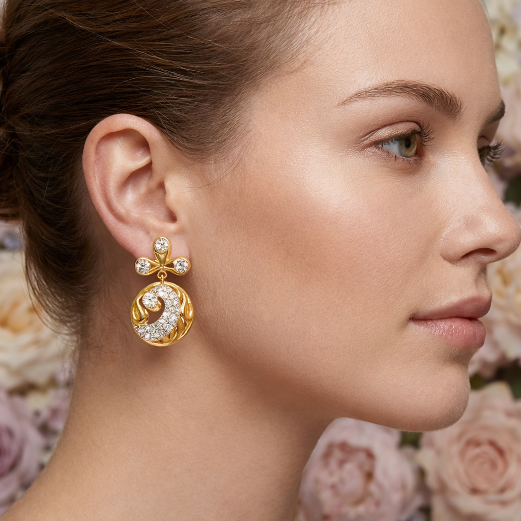 Floral Drop Swirl Diamond Gold Earrings