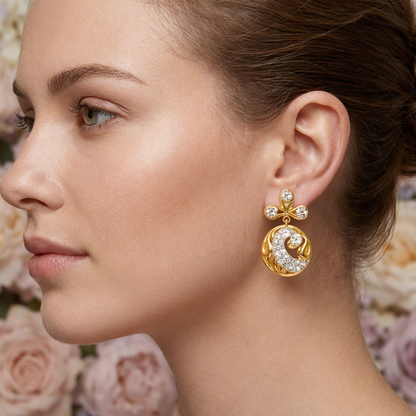 Floral Drop Swirl Diamond Gold Earrings