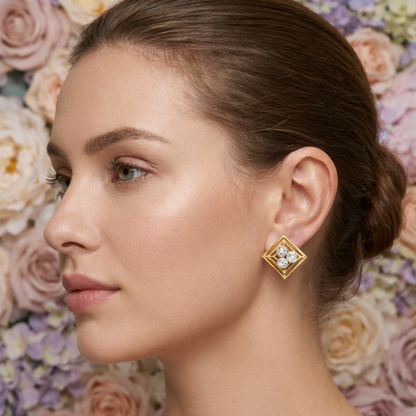 Layered Square Trio Diamond Gold Earrings
