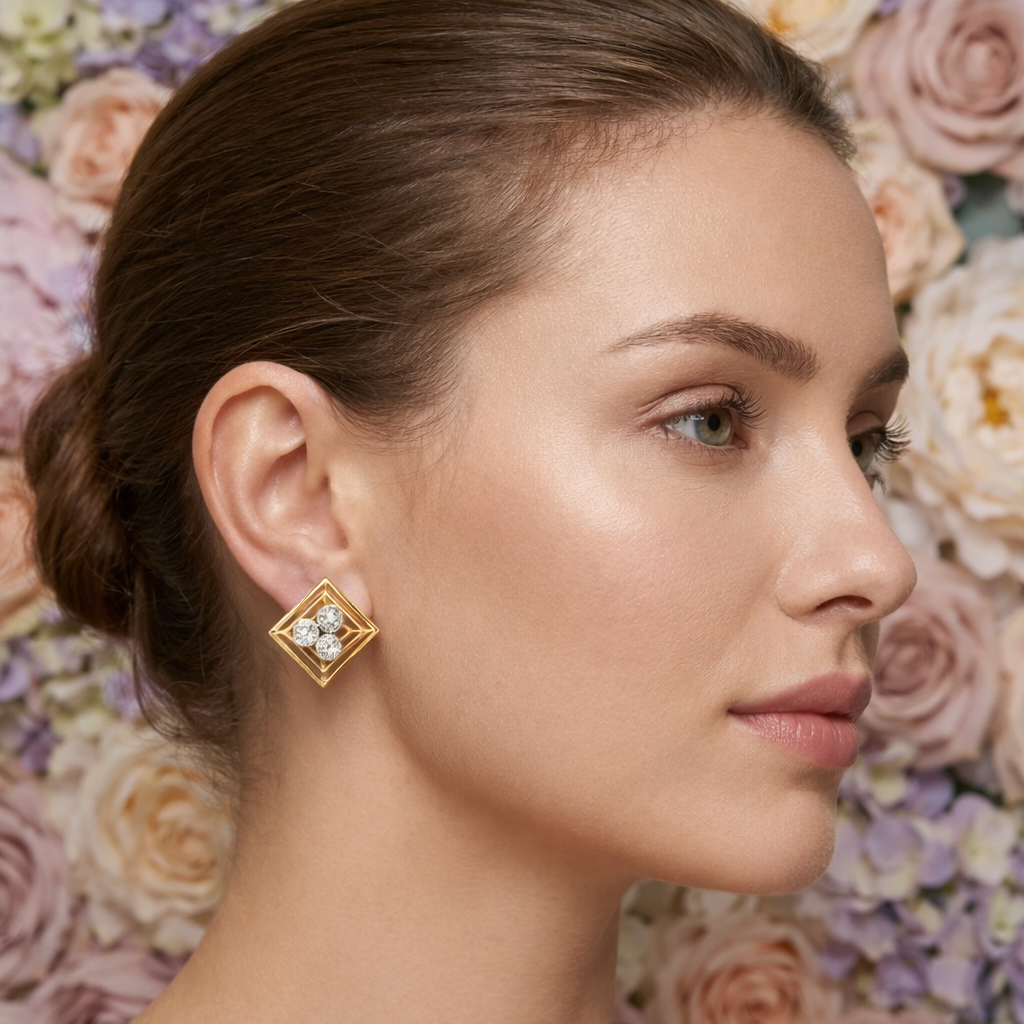 Layered Square Trio Diamond Gold Earrings