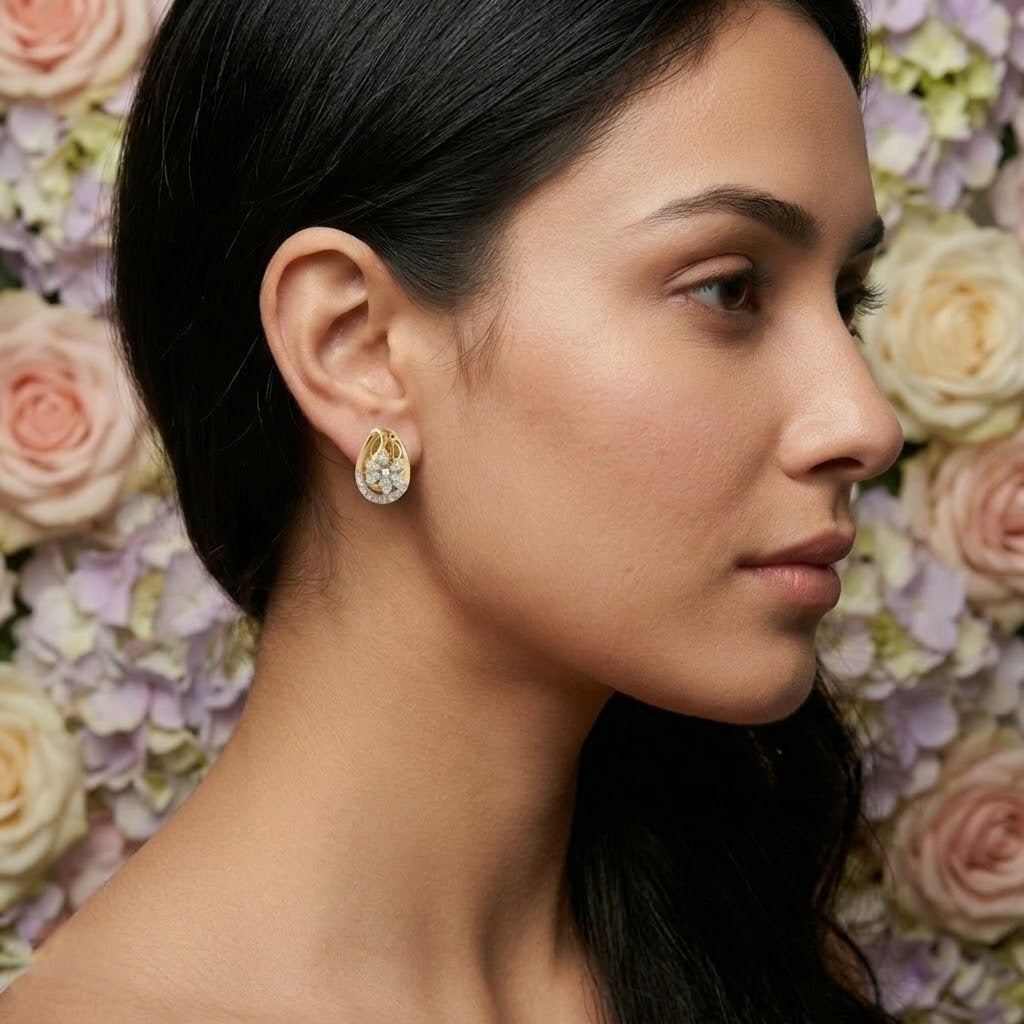 Floral Adorned Diamond Gold Earrings