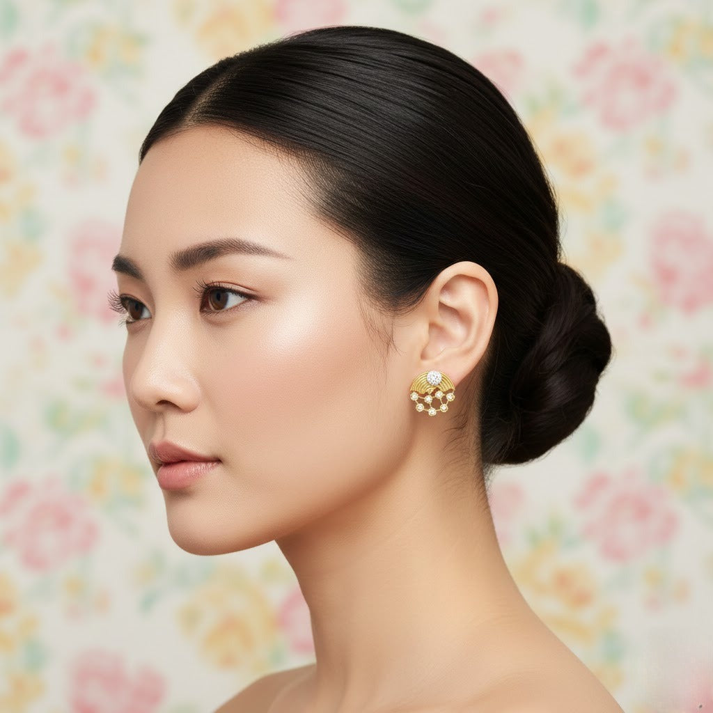 Radiant Arc Pattern Diamond Gold Earrings