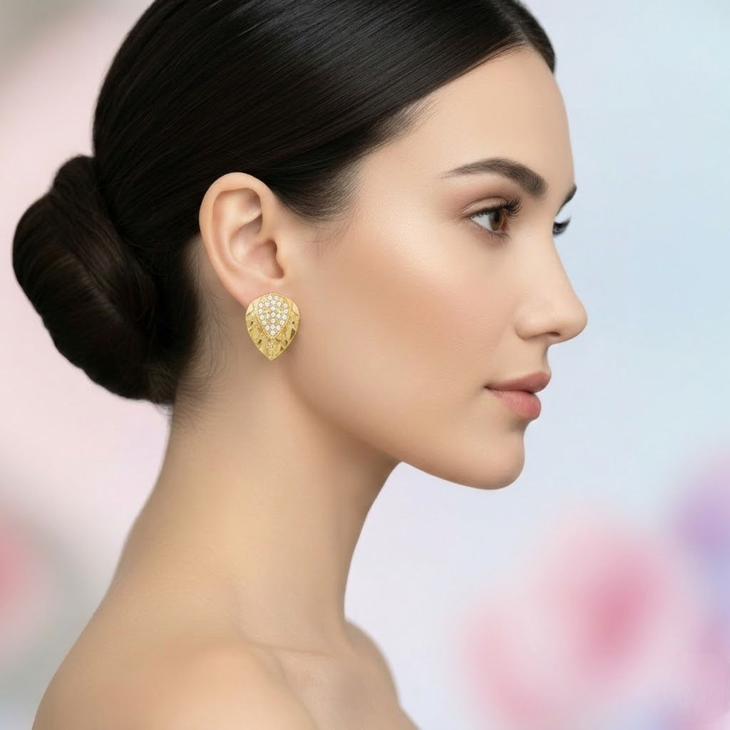 Textured Teardrop Pave Diamond Gold Earrings
