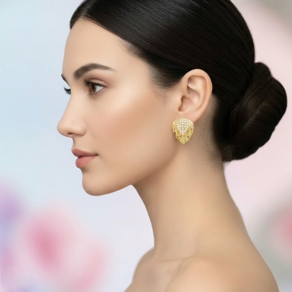 Textured Teardrop Pave Diamond Gold Earrings