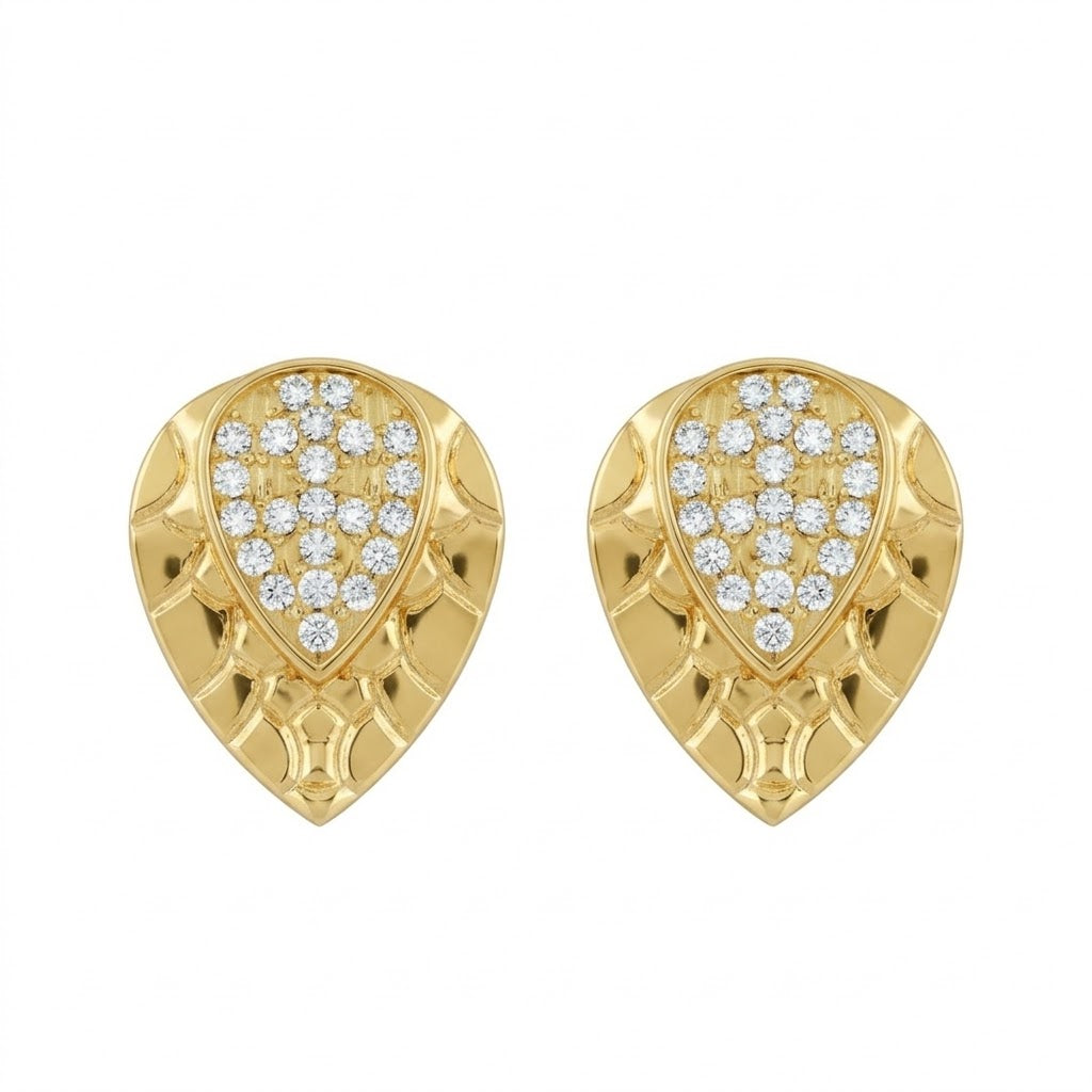 Textured Teardrop Pave Diamond Gold Earrings
