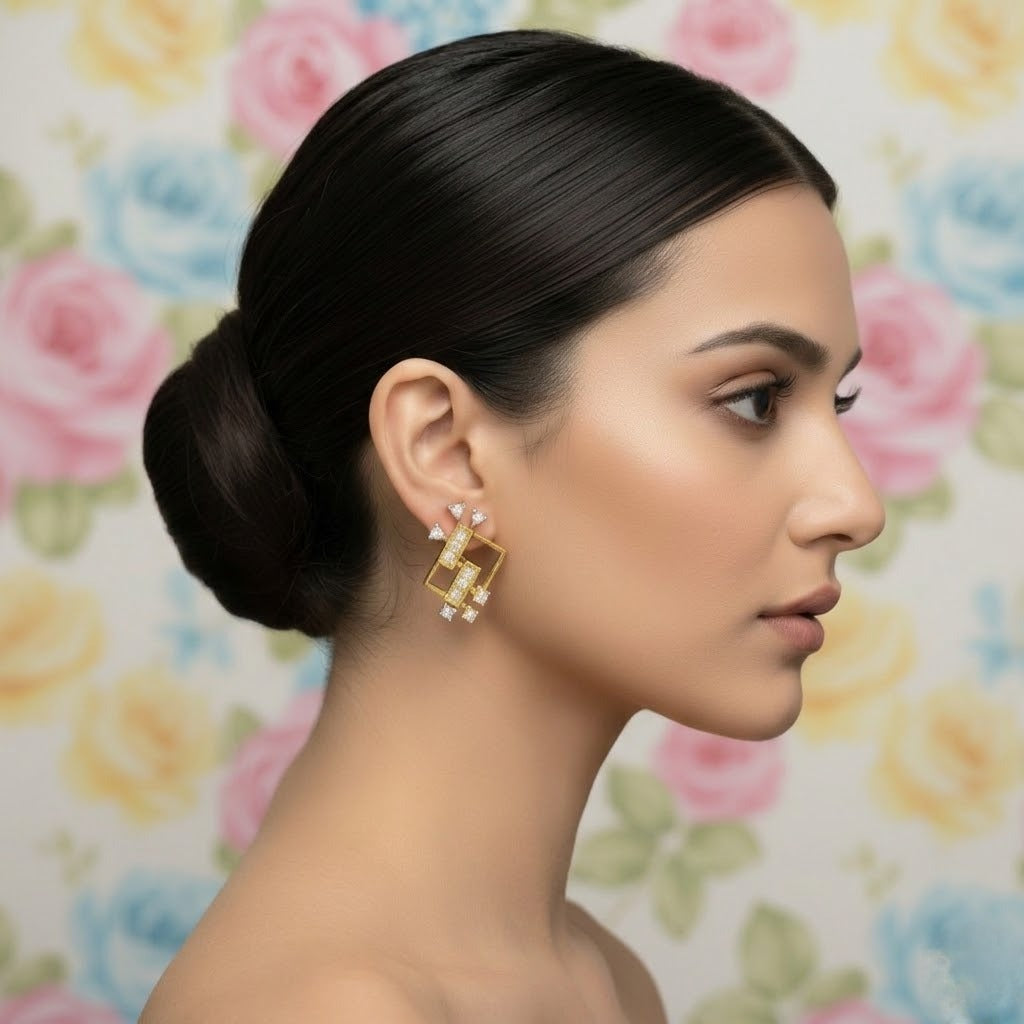 Contemporary Square Cascade Diamond Gold Earrings