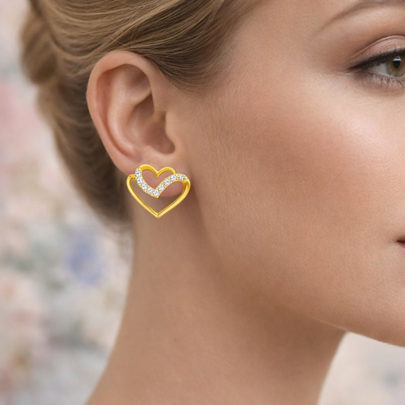 Dual Heart Curve Diamond Gold Earrings