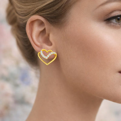 Dual Heart Curve Diamond Gold Earrings