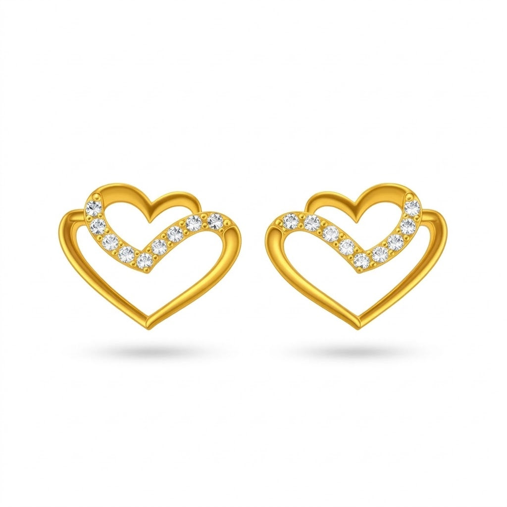 Dual Heart Curve Diamond Gold Earrings