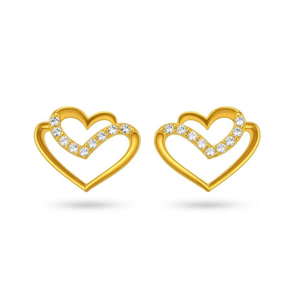 Dual Heart Curve Diamond Gold Earrings