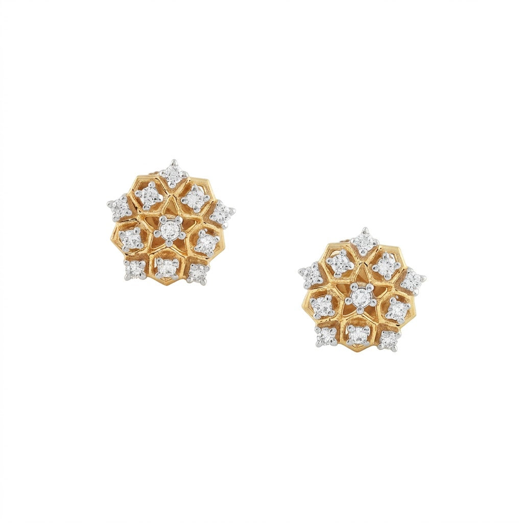 Honeycomb Floral Cluster Diamond Gold Earrings